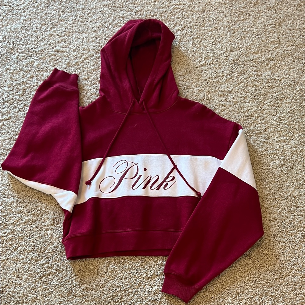PINK Victoria's Secret Burgundy and White Women's Hoodie Crop